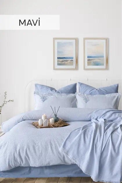 İyi Geceler İstanbul Maribell Pikeli Nevresim Takımı Çift Kişilik - Mavi