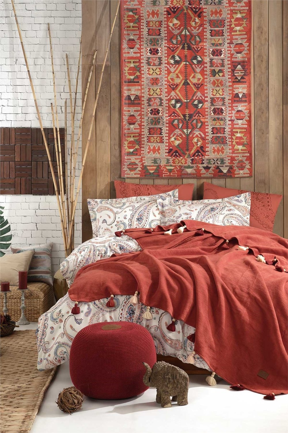 İyi Geceler İstanbul Boho Chic Püsküllü Battaniyeli Nevresim Takımı Çift Kişilik - Tarçın