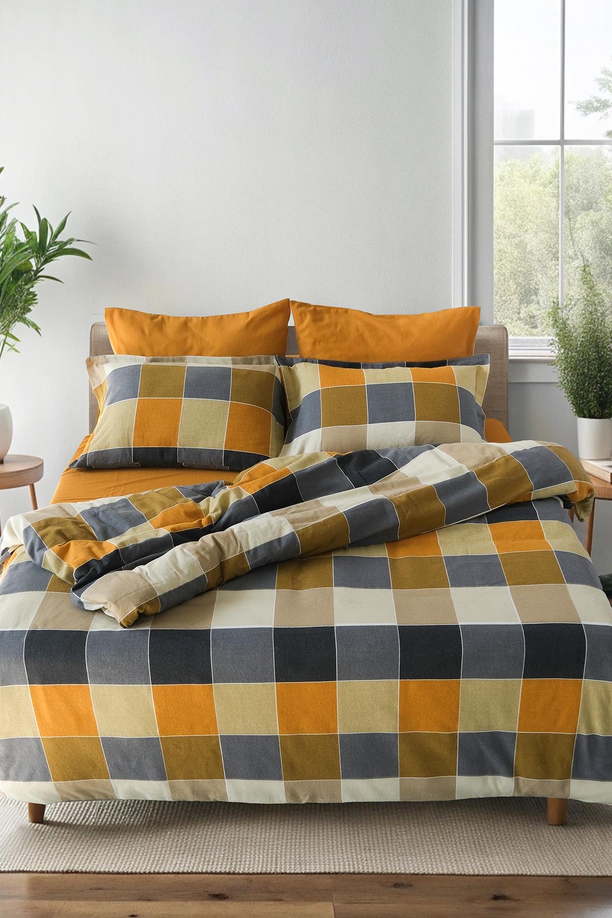 İyi Geceler İstanbul Flanel Çift Kişilik Nevresim Takımı - Echo Hardal