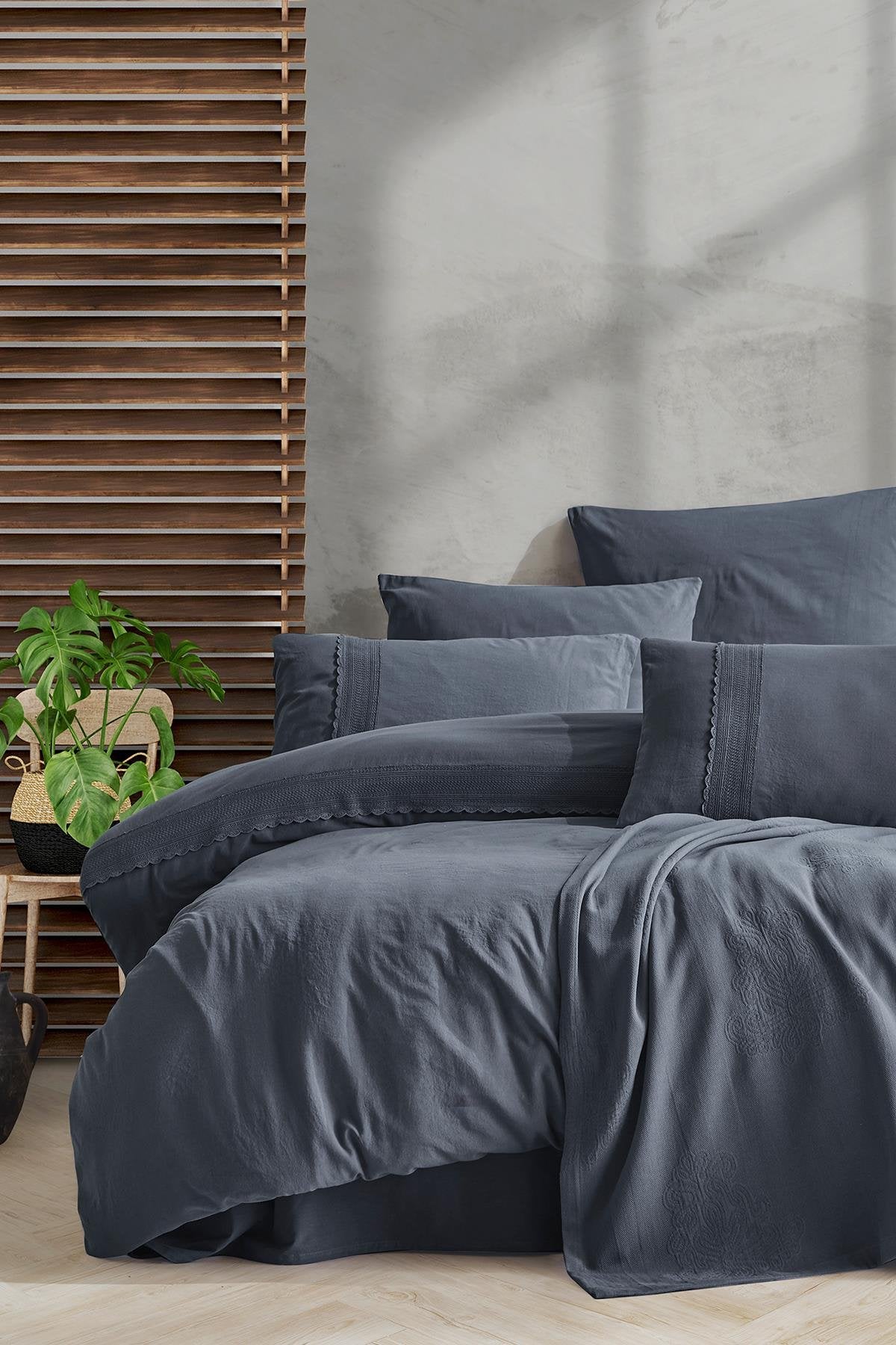 İyi Geceler İstanbul Folkstone Pikeli Nevresim Takımı Çift Kişilik - Antrasit