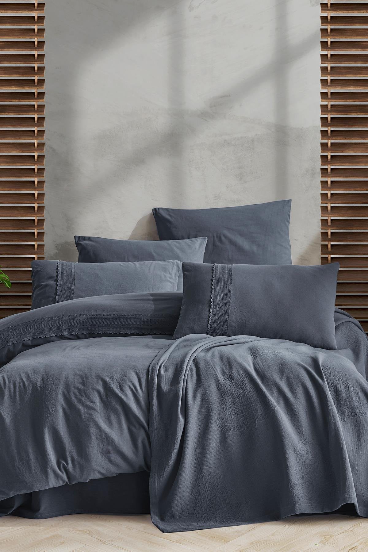 İyi Geceler İstanbul Folkstone Pikeli Nevresim Takımı Çift Kişilik - Antrasit