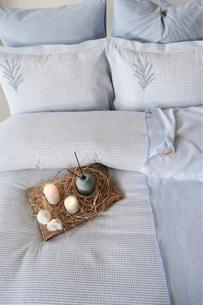 İyi Geceler İstanbul Maribell Pikeli Nevresim Takımı Çift Kişilik - Mavi