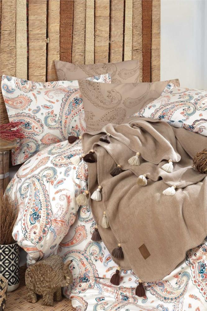 İyi Geceler İstanbul Boho Chic Püsküllü Battaniyeli Nevresim Takımı Tek Kişilik - Cappucino