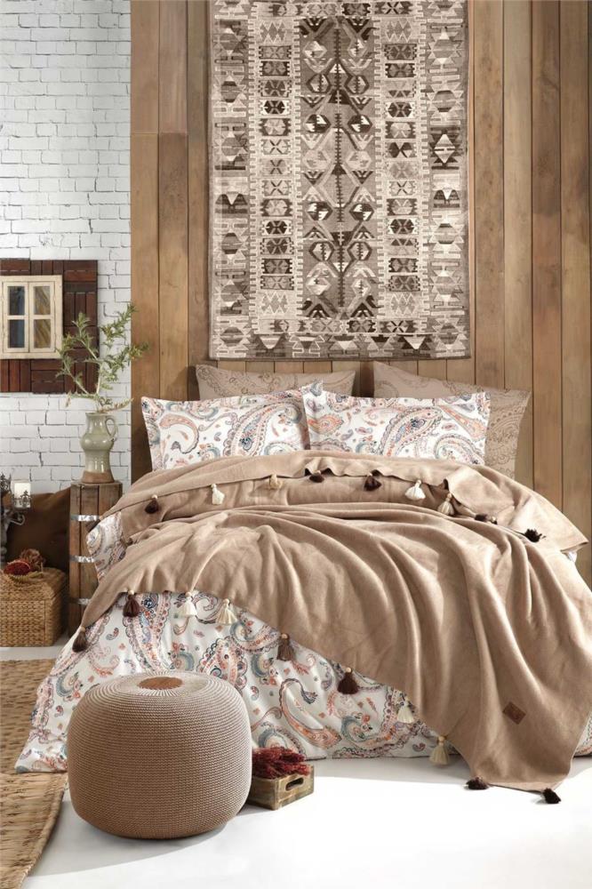 İyi Geceler İstanbul Boho Chic Püsküllü Battaniyeli Nevresim Takımı Tek Kişilik - Cappucino