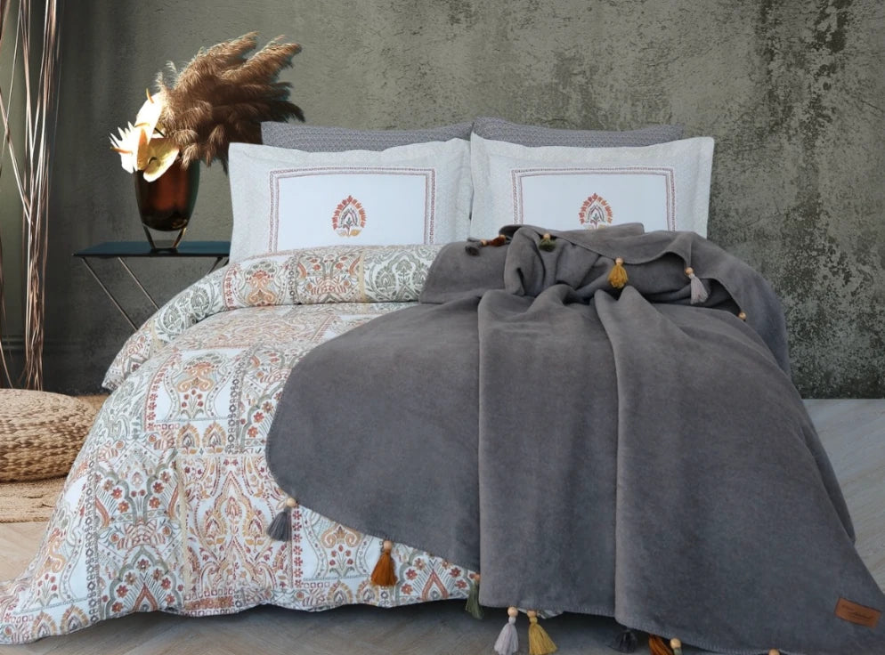 İyi Geceler İstanbul Sahara Battaniyeli Nevresim Takımı Çift Kişilik - Stone