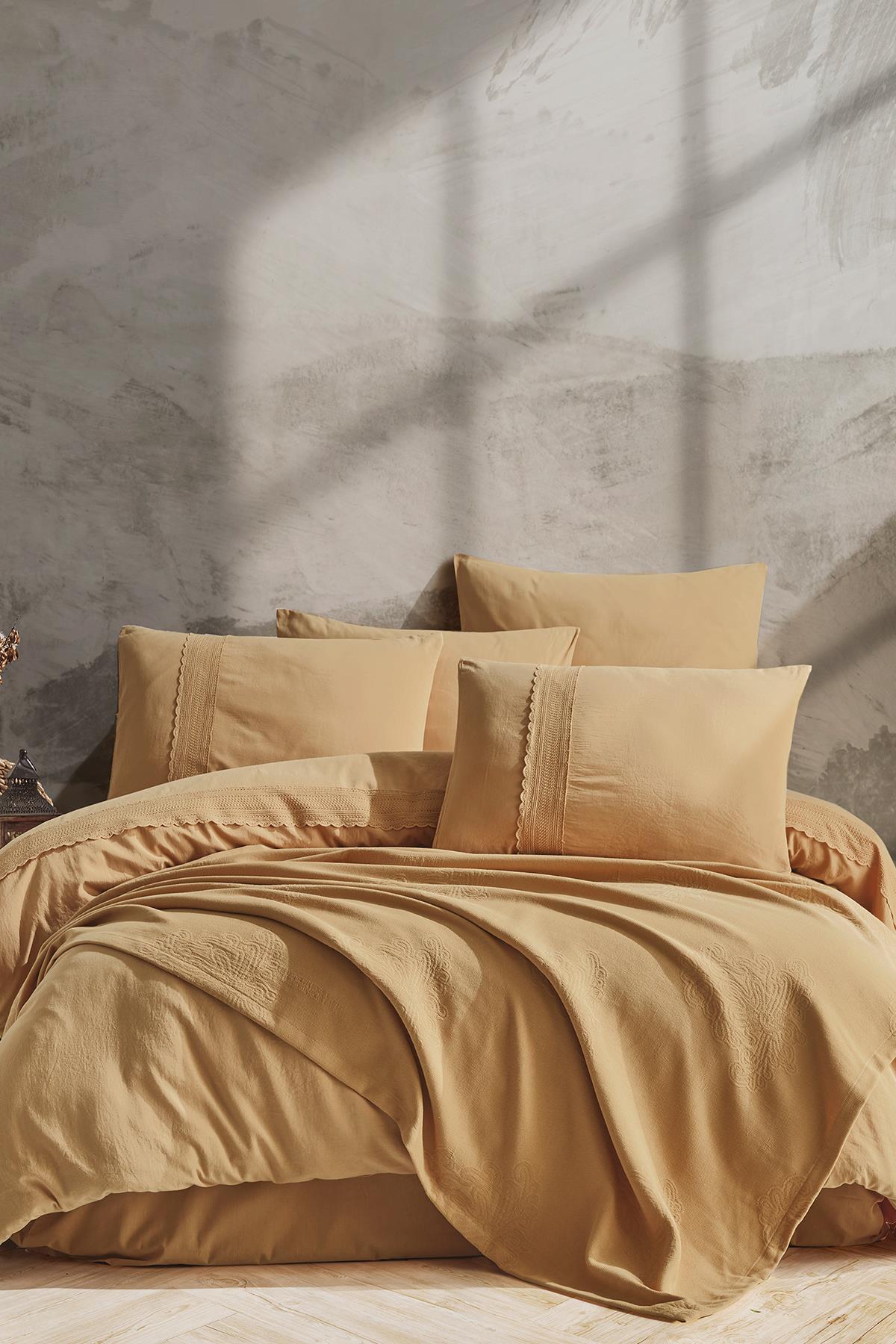 İyi Geceler İstanbul Folkstone Pikeli Nevresim Takımı Çift Kişilik  - Hardal